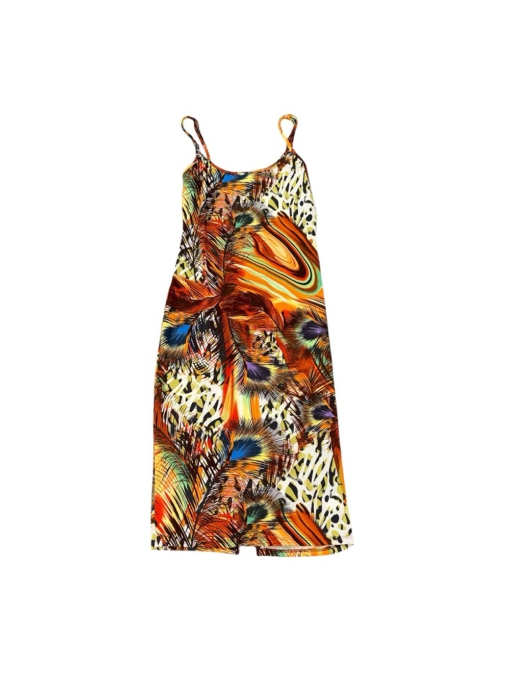 380. Women’s Tropical Feather Print Slip Dress - Orange & Multi Y2K Vacation